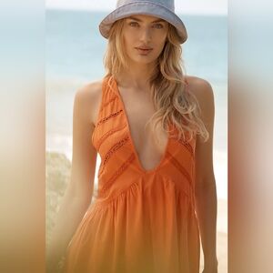 NWT Anthropologie V-Neck Back-Cutout Mini Dress Orange Halter Swim Cover-up
